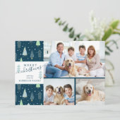 Manuscript MERRY CHRISTMAS Blue Green Trees 3 Foto Feestdagenkaart (Staand voorkant)
