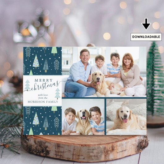 Manuscript MERRY CHRISTMAS Blue Green Trees 3 Foto Feestdagenkaart