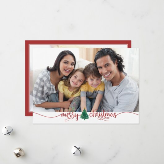 Manuscript Merry kerstboom Red Green 2 Foto Feestdagenkaart (Voorkant / Achterkant in situ)