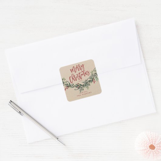Manuscript Merry Kerstmis Waterverf Branch Vierkante Sticker (Envelop)