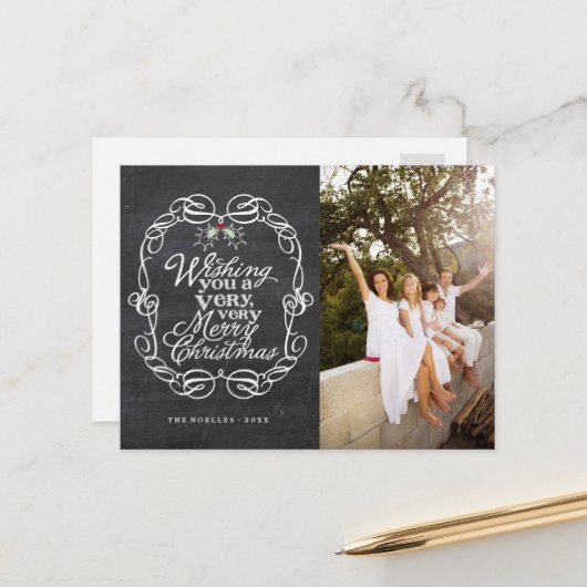 Manuscript Mistletoes van Chalkboard Merry Kerstfo Feestdagenkaart (Voorkant / Achterkant in situ)