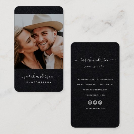 Manuscript Modern Typografie Fotograaf Black Cool Visitekaartje (Voorkant / Achterkant)