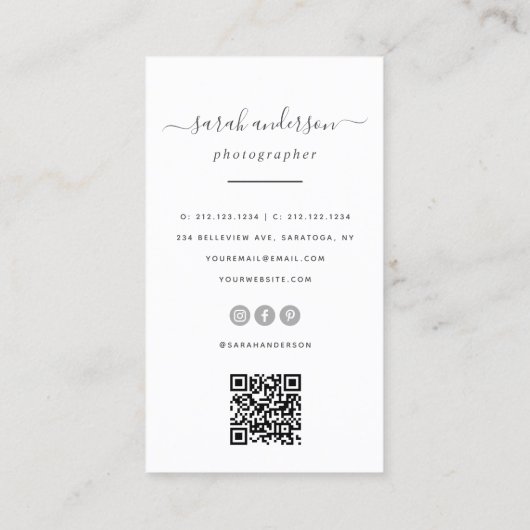 Manuscript Moderne Typografie Fotograaf QR CODE Visitekaartje (Achterkant)