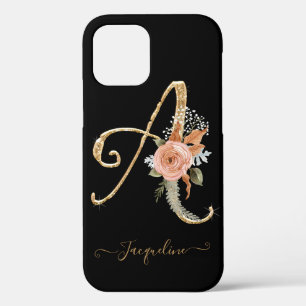 Manuscript Monogram A Black Gold BOHO Roze Floral  Case-Mate iPhone Case