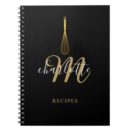 Manuscript Monogram Black Gold Whisk Recipe Notitieboek (Voorkant)