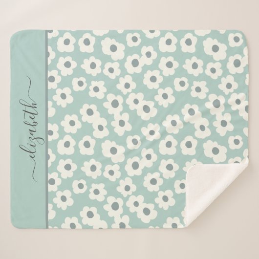 Manuscript Monogram Boho Green White Grey Floral Sherpa Deken (Voorkant (horizontaal))