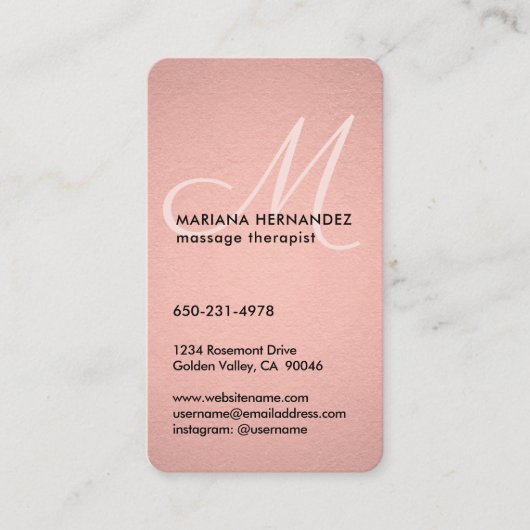 Manuscript Monogram Faux Roos Gold Foil Pink Verti Afsprakenkaartje (Voorkant)