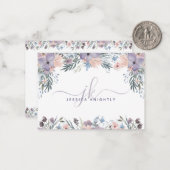 Manuscript Monogram Initialen Paarse bloemen Notitiekaartje (Voorkant / Achterkant in situ)