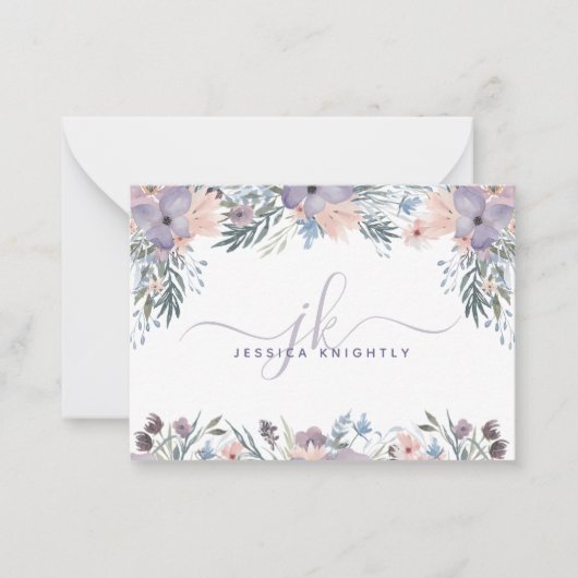 Manuscript Monogram Initialen Paarse bloemen Notitiekaartje (Voorkant)