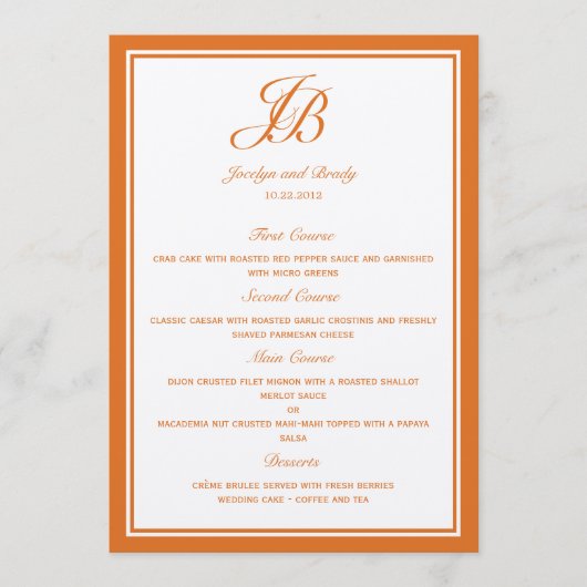 Manuscript Monogram Wedding Menu Cards (Oranje) (Voorkant)