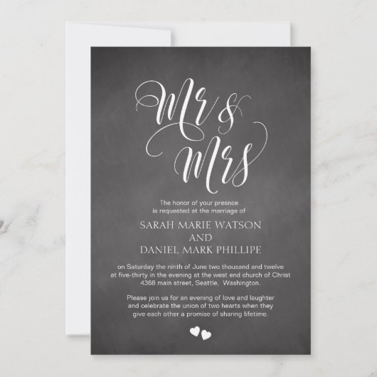 Manuscript Mr & Mrs Wedding Invite Chalkboard Kaar Kaart (Voorkant)