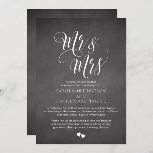 Manuscript Mr & Mrs Wedding Invite Chalkboard Kaar Kaart (Voorkant / Achterkant)
