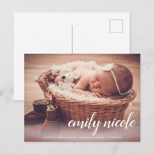 Manuscript Name Baby Girl Foto geboorteaankondigin Briefkaart (Voorkant / Achterkant)