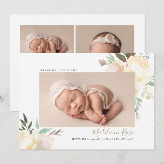 Manuscript Name Floral Birth Aankondiging (Voorkant / Achterkant)