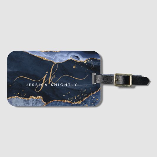 Manuscript Navy Blue Agate Geode Gold Monogram Bagagelabel (Voorkant (horizontaal))