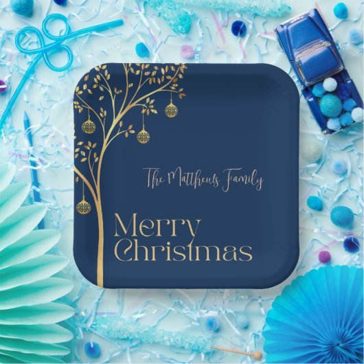 Manuscript Navy Blue and Gold tree Papieren Bordje (Feest)