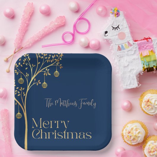 Manuscript Navy Blue and Gold tree Papieren Bordje (Feest)