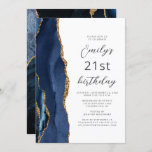 Manuscript Navy Blue Gold Agate 21st Birthday Kaart<br><div class="desc">De linkerrand van deze elegante,  moderne verjaardagsfeestuitnodiging is voorzien van een blauw-marinekliergrens met een gouden faux glitter. De aanpasbare tekst combineert het groentekoolgrijze manuscript en sans serif doopvonten op een witte achtergrond. De achterzijde is voorzien van een bijpassend blauw en goudvormig ontwerp.</div>