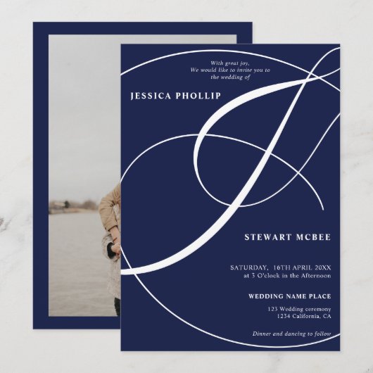 Manuscript navy blue photocalligraphy bruiloft kaart (Voorkant / Achterkant)