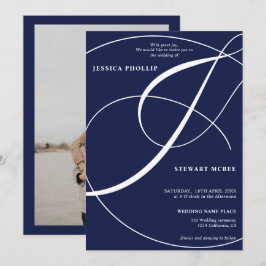 Manuscript navy blue photocalligraphy bruiloft kaart