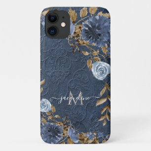 Manuscript Navy Floral Leaf Waterverf Name Monogra Case-Mate iPhone Case