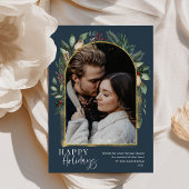 Manuscript Navy Greenery Gold Arch Trendy Feestdagenkaart