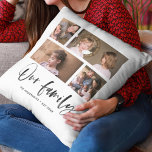 Manuscript Onze Familienaam Foto Collage Kussen<br><div class="desc">Kussen met de woorden "Our Family" in een stijlvol script met 4 foto's naast elkaar gerangschikt op de voor- en achterkant, waardoor het in totaal 8 foto's zijn die je kunt vervangen door je eigen foto's tegen een witte achtergrond. U kunt ook uw familienaam en het vastgestelde jaar toevoegen. Perfect...</div>
