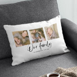 Manuscript Onze Familienaam Foto Collage Kussen<br><div class="desc">Kussen met de woorden "Our Family" in een stijlvol script met 3 vierkante foto's naast elkaar op de voor- en achterkant waardoor het 6 foto's in totaal die u kunt vervangen door uw eigen foto's tegen een witte achtergrond. U kunt ook uw familienaam en het jaar van vestiging toevoegen. Perfect...</div>