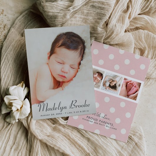 Manuscript Overlay Pink Baby Girl Multi Photo Birt Aankondiging