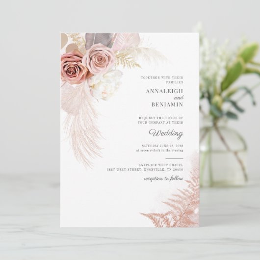 Manuscript Pampas Grass Dried Palms Wedding Kaart (Staand voorkant)