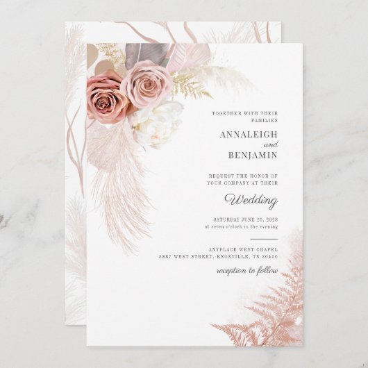 Manuscript Pampas Grass Dried Palms Wedding Kaart (Voorkant / Achterkant)