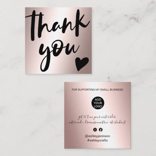 Manuscript roos goud metaalachtige orde dank u vierkante visitekaartje (Voorkant / Achterkant)