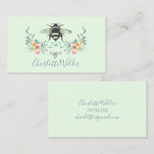 Manuscript Signature Personalized Bee Floral Green Contactkaartje (Voorkant / Achterkant)