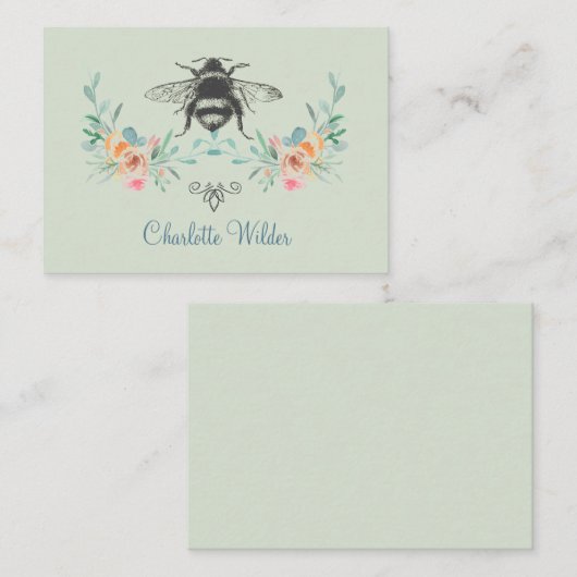 Manuscript Signature Personalized Bee Floral Green Notitiekaartje (Voorkant / Achterkant)