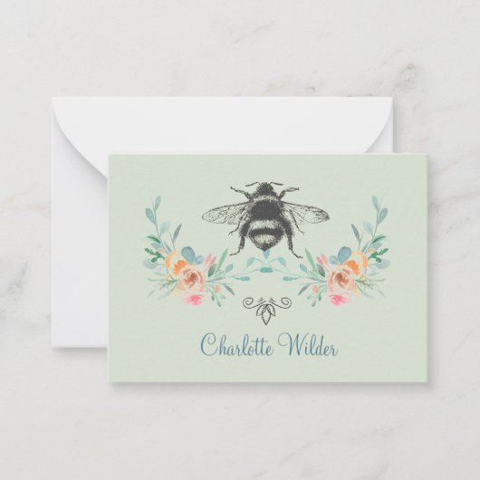 Manuscript Signature Personalized Bee Floral Green Notitiekaartje (Voorkant)