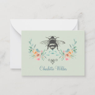 Manuscript Signature Personalized Bee Floral Green Notitiekaartje