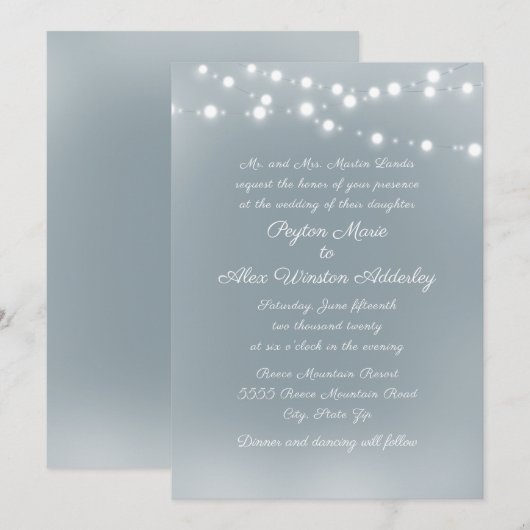 Manuscript Stusty Blue White String Lights Wedding Kaart (Voorkant / Achterkant)