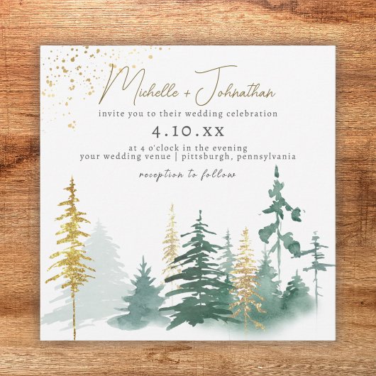 Manuscript Trendy Gold Green Forest Rustic Wedding Kaart