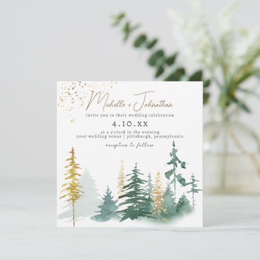 Manuscript Trendy Gold Green Forest Rustic Wedding Kaart (Staand voorkant)