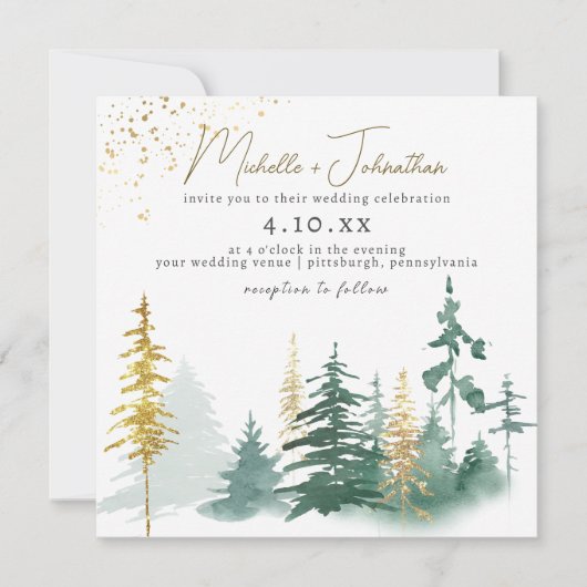 Manuscript Trendy Gold Green Forest Rustic Wedding Kaart (Voorkant)