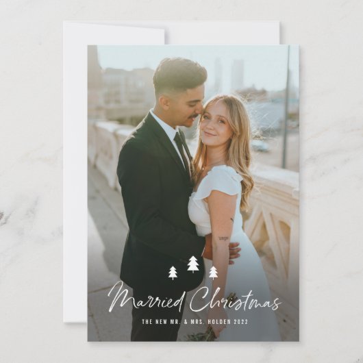 Manuscript trouwde kerstbomen Weddenfoto Feestdagenkaart (Voorkant)