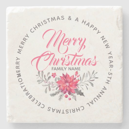 Manuscript Typografie Merry Kerstal Bouquet Stenen Onderzetter (Voorkant)