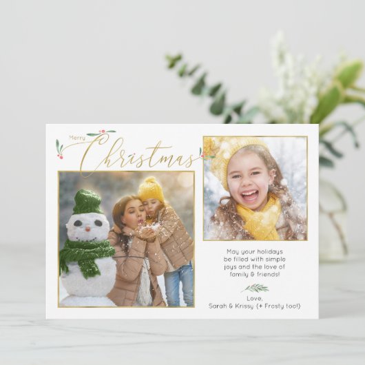 Manuscript Typography Minimalist 2-Photo Gold & Wh Feestdagenkaart (Staand voorkant)