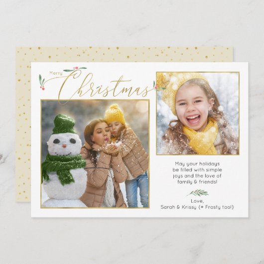 Manuscript Typography Minimalist 2-Photo Gold & Wh Feestdagenkaart (Voorkant / Achterkant)