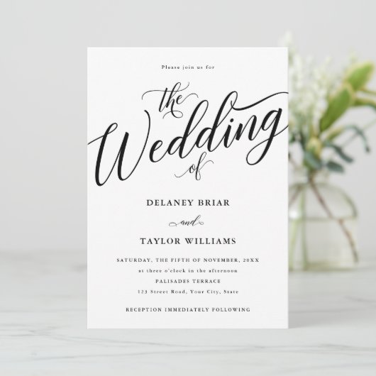 Manuscript Vlourish Modern Black and White Wedding Kaart (Staand voorkant)