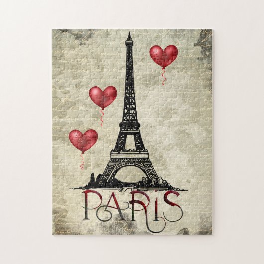 Manuscript voor Eiffel Tower en Red Heart-ballonne Legpuzzel (Verticaal)