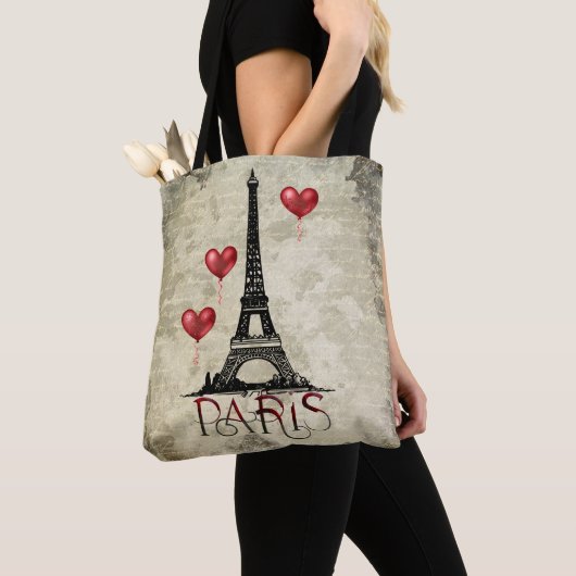 Manuscript voor Eiffel Tower en Red Heart-ballonne Tote Bag (Dichtbij)