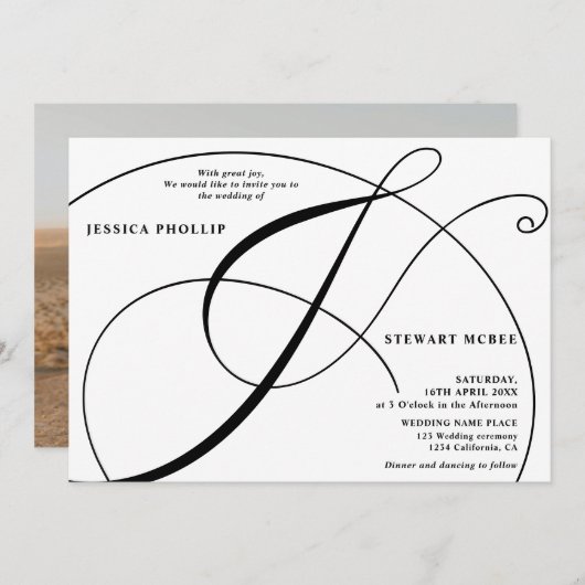 Manuscript zwarte witte fotokalligrafie bruiloft kaart (Voorkant / Achterkant)