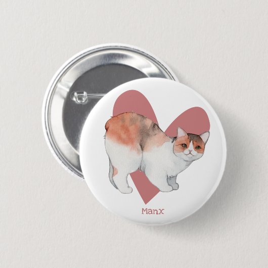 Manx Cat Waterverf Kat Roze Heart Button (Voorkant /achterkant)