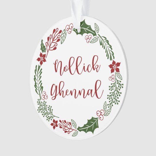 Manx Merry Kerstmis Wreath, Nollick Ghennal Ornament (voorkant)